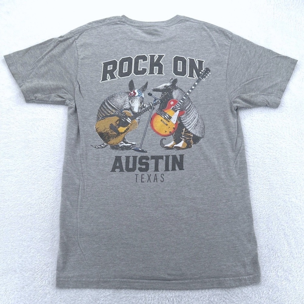 Austin Texas Mens T-Shirt Size M Gray Rock On Armadillo Guitar Graphic Music Tee